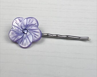 Lavender Mother of Pearl and Tanzanite Swarovski Crystal Cherry Blossom Flower Bobby Pin