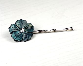 Dark Teal Mother of Pearl and Crystal Swarovski Crystal Flower Bobby Pin