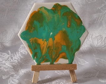 Green Ceramic Tile Decor Abstract Nature Art Mini Desk Gift Handmade Pour Painted Tile with Easel Botanical Modern Home Accent pour painting