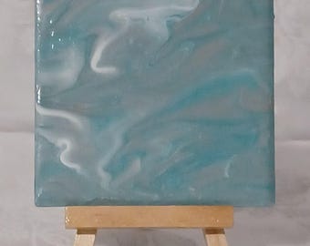 Custom Soothing Pour Painted Ceramic Tile with Easel | Handmade Abstract Art Tile Decor | Soft Blue Mini Ceramic Tile