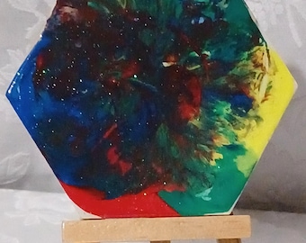 Personalized Fireworks Pour Painted Ceramic Tile with Easel | Handmade Abstract Art Tile Decor | Colorful Mini Ceramic Tile