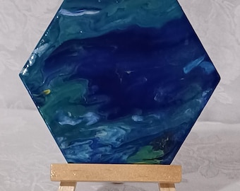 Personalized Deep Blue Ocean Pour Painted Ceramic Tile with Easel | Handmade Abstract Art Tile Decor | Blue Green Mini Ceramic Tile
