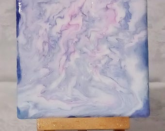 Personalized Winter Landscape Pour Painted Ceramic Tile with Easel | Handmade Abstract Art Tile Decor | Soft Blue Mini Tile