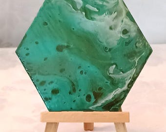 Personalized Deep Sea Green Pour Painted Ceramic Tile with Easel | Handmade Abstract Art Tile Decor | Green Blue Mini Ceramic Tile
