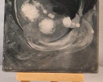 Custom Dark Orbit Pour Painted Ceramic Tile with Easel | Handmade Abstract Art Tile Decor | Black Gray Minimal Mini Tile