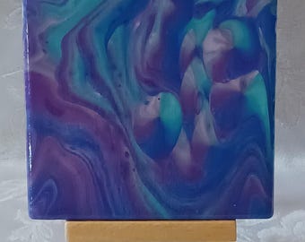 Personalized Tranquil Pour Painted Ceramic Tile with Easel | Blue Purple Abstract Art Tile | Handmade Mini Desk Decor