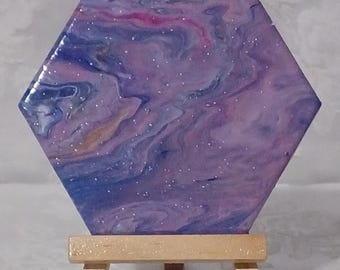 Custom Relaxing River Pour Painted Ceramic Tile with Easel | Handmade Abstract Art Tile Decor | Purple Blue Mini Ceramic Tile