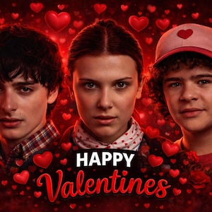 May include: A digital art image featuring three people with a red heart theme. The words "HAPPY Valentines" are displayed in red script. Red hearts float in the background.