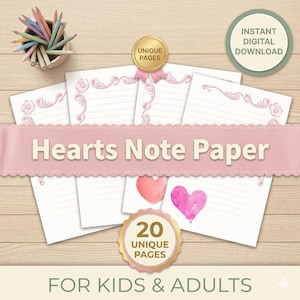 Pode incluir: Um conjunto de folhas de papel de carta brancas com bordas florais rosa e páginas pautadas. As palavras "Hearts Note Paper" são exibidas em uma faixa rosa. A imagem também inclui um porta-lápis com lápis de cor, duas ilustrações de corações e o texto "20 Unique Pages".