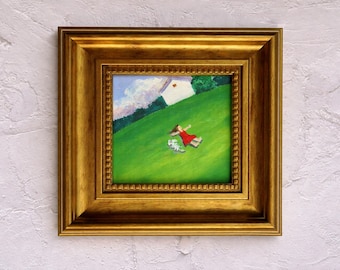 Mini Landscape Oil Painting, Framed Canvas Art 4x4, Girl & Meadow Wall Decor, Vintage Gold Frame, Small Artwork
