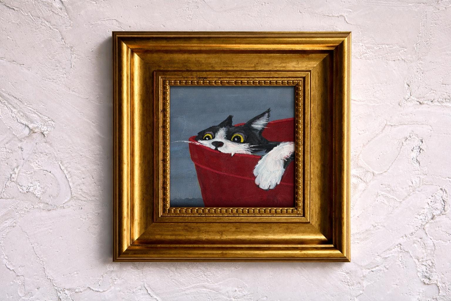 Original Mini Cat Painting in Gold Frame, 4x4 Inch Framed Art, Cute ...