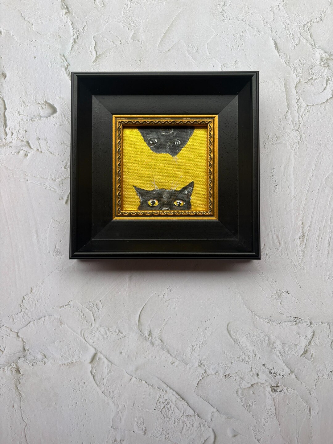 Original Mini Black Cat & Dog Oil Painting – Framed Small Art, Hand ...
