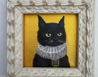 Black Cat Golden Oil Painting Framed, Mini Original Cat Art 4x4, Cute Black Cat Wall Decor, Unique Cat Lover Gift