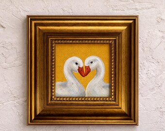 Love Goose Painting, Mini Romantic Wall Art, Framed Canvas 4x4, Cute Duck Couple Art, Cottagecore Decor, Small Gift Idea