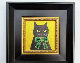 Black Cat Golden Oil Painting Framed, Mini Original Cat Art 4x4, Cute Black Cat Wall Decor, Unique Cat Lover Gift