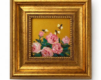Handgeschilderde olieverfschilderij roze rozen met bijen in gouden lijst, miniatuur bloemsierkunst voor huisdecoratie