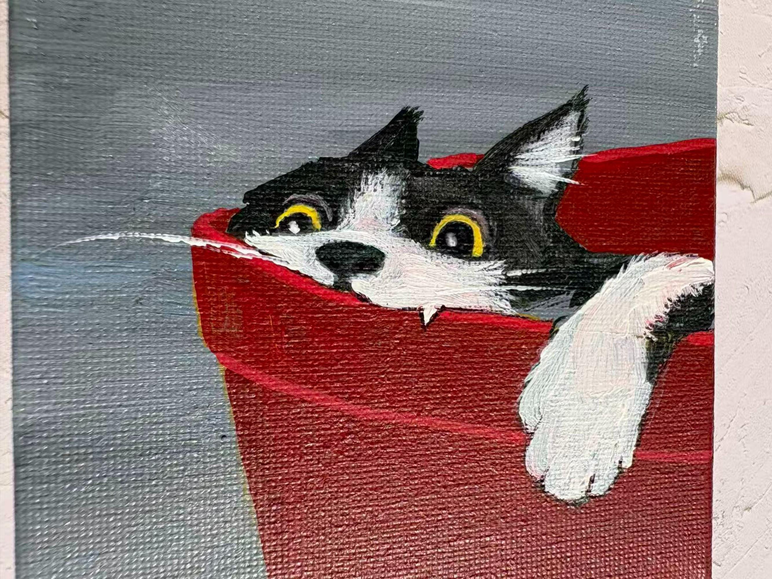 Original Mini Cat Painting in Gold Frame, 4x4 Inch Framed Art, Cute ...