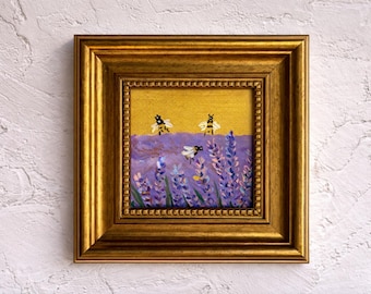 Original Lavender Field Painting with Bees, Mini Framed Art 4x4 Inch, Small Gold Frame Artwork, Cottagecore Wall Decor, One of a Kind Gift