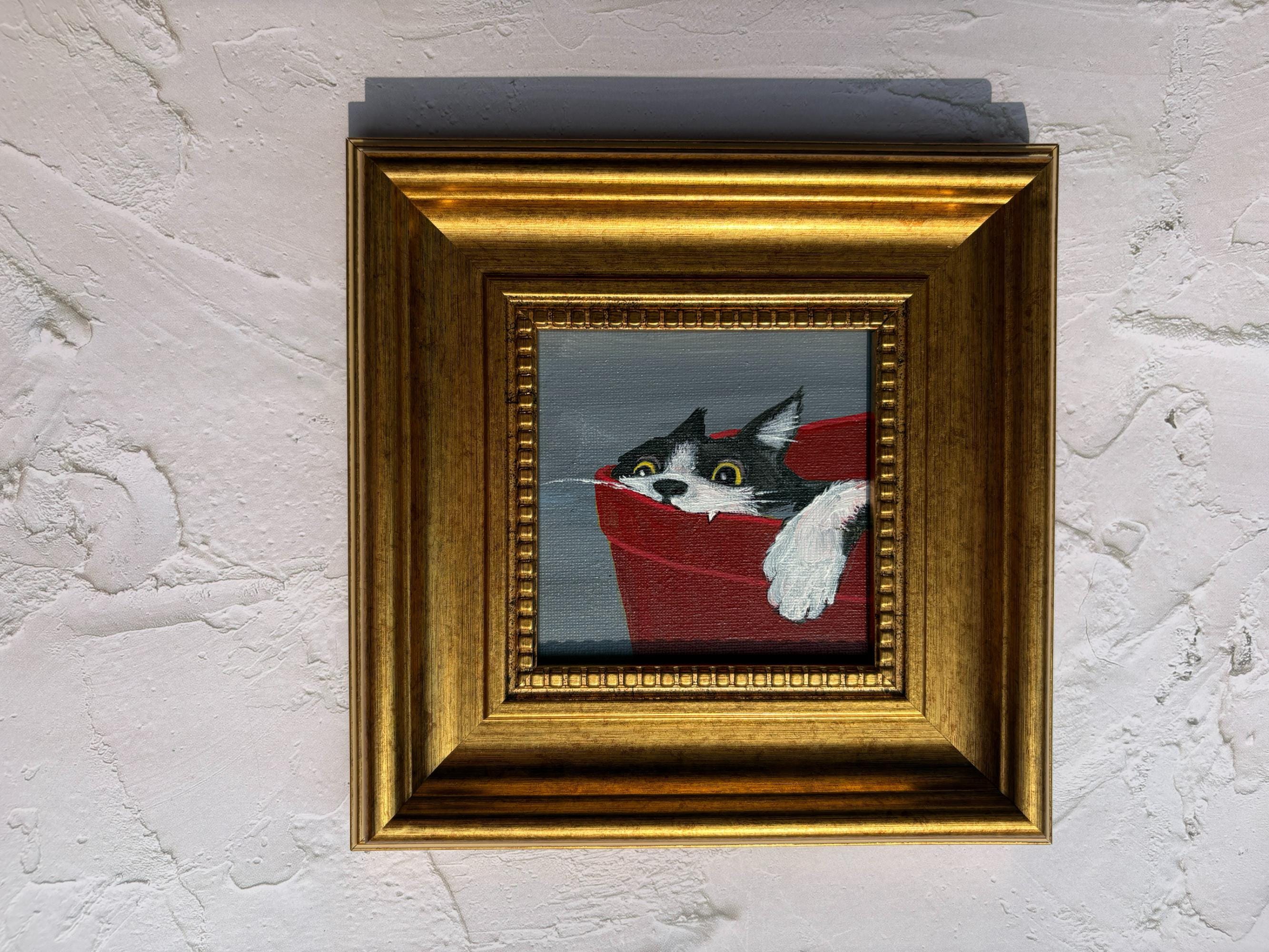 Original Mini Cat Painting in Gold Frame, 4x4 Inch Framed Art, Cute ...