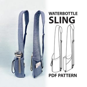May include: Two denim water bottle slings with long straps. One sling holds a water bottle, the other has a pocket for a phone. The text "WATERBOTTLE SLING" and "PDF PATTERN" are visible.