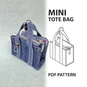 May include: A miniature denim tote bag with silver-coloured hardware, including a zip closure and a clasp. The bag features two handles and a silver ring attachment. The image also includes a line drawing of the bag and the text "MINI TOTE BAG" and "PDF PATTERN".