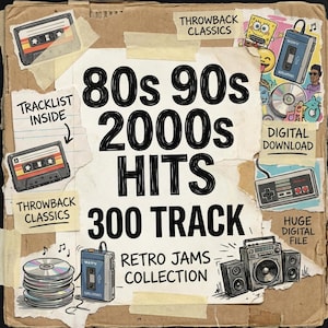 Peut inclure: Une conception rétro avec le texte "80s 90s 2000s HITS" et "300 TRACK RETRO JAMS COLLECTION". L'image comprend des illustrations de cassettes, de CD, d'un boombox et d'un lecteur de musique portable, évoquant la nostalgie.