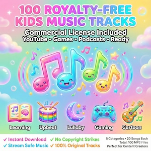 May include: Colorful graphic promoting 100 royalty-free kids music tracks. The image features musical notes with faces, and icons representing learning, upbeat, lullaby, gaming, and cartoon music. Text includes "Commercial License Included" and "Instant Download."
