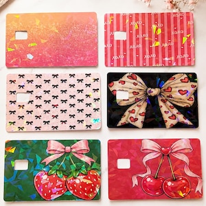 Holographic Debit Card Skin Sticker Bundle-Cute Card Covers-Bow, Cherry, Strawberry Designs-Left Small Chip image 1