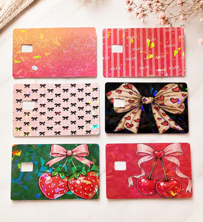 Holographic Debit Card Skin Sticker Bundle-Cute Card Covers-Bow, Cherry, Strawberry Designs-Left Small Chip image 1