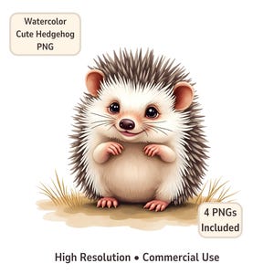 May include: Watercolor illustration of a cute hedgehog with a smiling expression. The hedgehog has brown and white quills, a pink nose, and small ears. The image includes the text "Watercolor Cute Hedgehog PNG" and "4 PNGs Included".