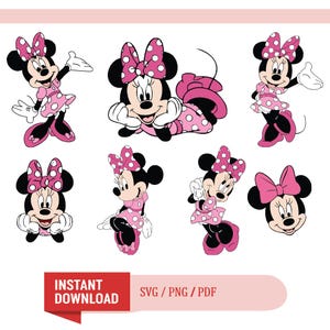 May include: A collection of Minnie Mouse illustrations in various poses. Each character wears a pink polka-dot dress and bow. The image includes the text "INSTANT DOWNLOAD" and "SVG / PNG / PDF".