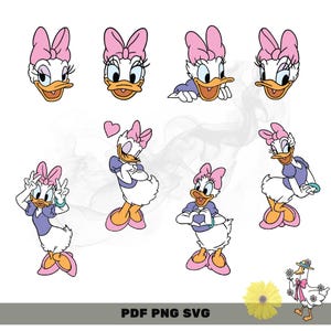 May include: A collection of Daisy Duck illustrations in various poses. Daisy is depicted with a pink bow, white feathers, a purple top, and orange shoes. The image includes the text "PDF PNG SVG".