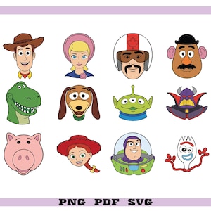 Puede incluir: Una colección de caras de personajes de dibujos animados coloridos, incluyendo un vaquero, una vaquera, un dinosaurio, un perro, un alienígena, un cerdo, un guardabosques espacial, un tenedor y una cabeza de patata con bigote. El texto "PNG PDF SVG" está incluido.