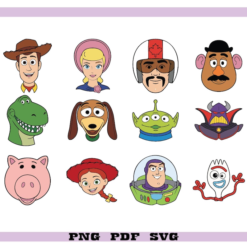 Op de afbeelding: Een verzameling kleurrijke cartoongezichten, waaronder een cowboy, een cowgirl, een dinosaurus, een hond, een alien, een varken, een ruimteranger, een vork en een snor-aardappelkop. De tekst "PNG PDF SVG" is inbegrepen.