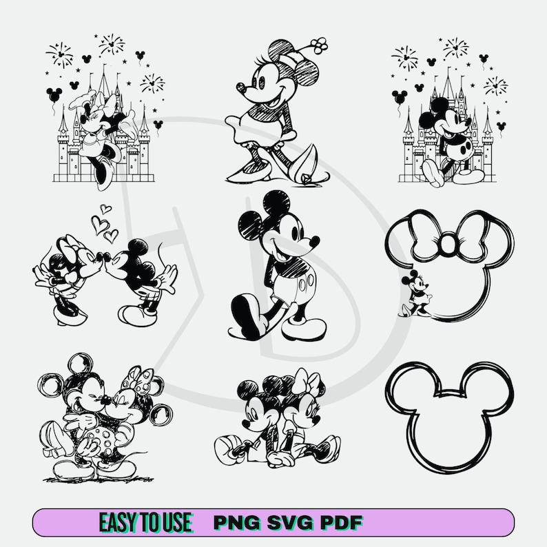May include: Black and white line art illustrations of Mickey and Minnie Mouse in various poses. Some images include a castle, fireworks, and hearts. The phrase "EASY TO USE PNG SVG PDF" is at the bottom of the image.