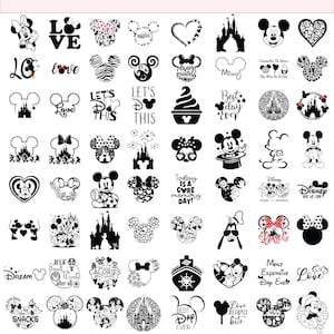 Puede incluir: Una colección de diseños de Disney en blanco y negro. Las imágenes incluyen siluetas de Mickey y Minnie Mouse, castillos, corazones y texto como "Love", "Best Day Ever" y "Disney". Adecuado para varios proyectos de manualidades.