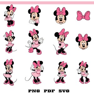 May include: A collection of Minnie Mouse illustrations in various poses, all featuring her signature pink bow and dress. The images are in black, white, and pink, with the text "PNG PDF SVG" at the bottom.