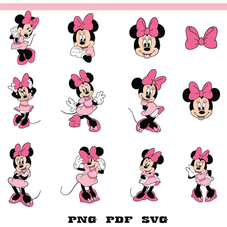 May include: A collection of Minnie Mouse illustrations in various poses, all featuring her signature pink bow and dress. The images are in black, white, and pink, with the text "PNG PDF SVG" at the bottom.