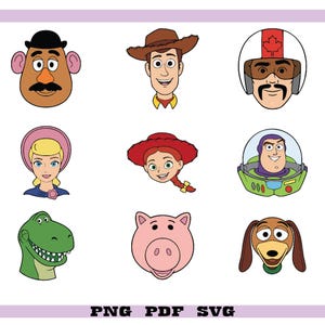Op de afbeelding: Negen kleurrijke cartoonkarakterportretten uit de Toy Story-franchise. Personages zijn onder meer Mr. Potato Head, Woody, Buzz Lightyear, Rex, Hamm en anderen. De afbeelding bevat ook de tekst "PNG PDF SVG".