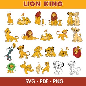 May include: A collection of cartoon illustrations featuring characters from "The Lion King." The images include Simba, Mufasa, and other characters in various poses. The text "LION KING" is at the top, and "SVG - PDF - PNG" is at the bottom.