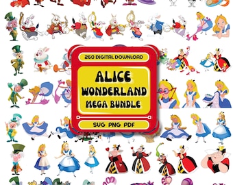 Alice in Wonderland SVG PNG Bundle, Queen of Hearts, Mad Hatter, Cheshire Cat, Red Queen, White Rabbit Clipart, T-Shirt Design Digital Files