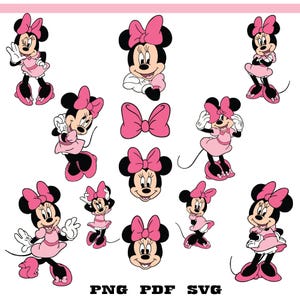 Op de afbeelding: Een verzameling cartoon illustraties van Minnie Mouse in verschillende poses. Minnie Mouse wordt afgebeeld met een zwarte kop, een grote roze strik en draagt een roze jurk en schoenen. De afbeelding bevat de tekst "PNG PDF SVG".