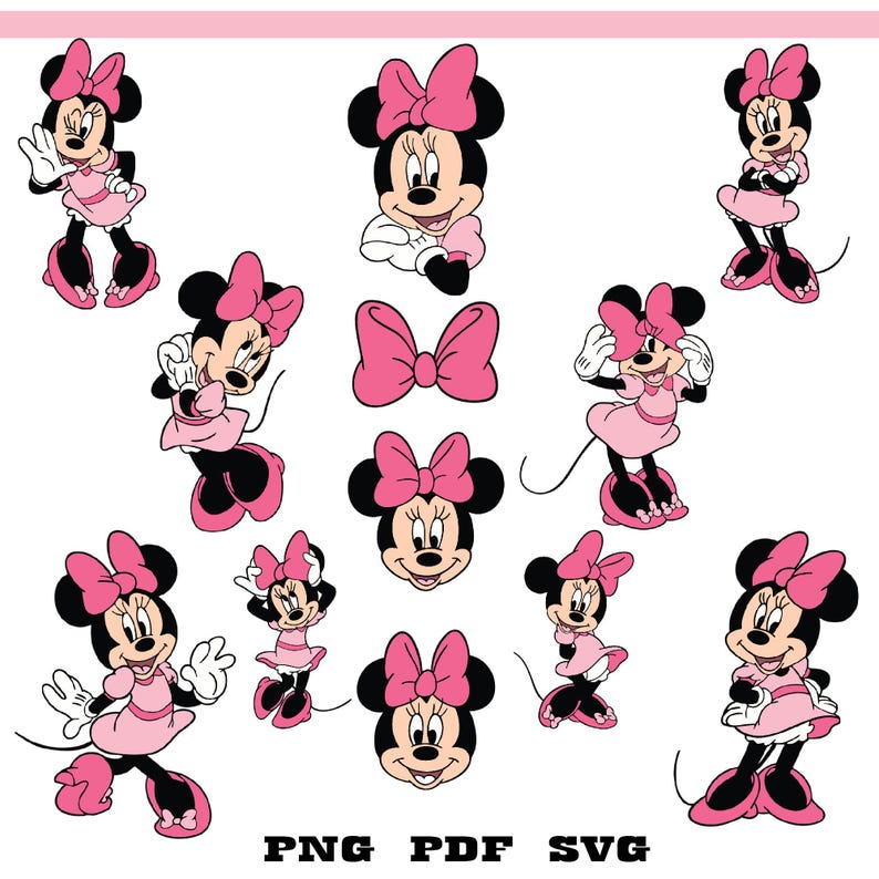 May include: A collection of cartoon illustrations of Minnie Mouse in various poses. Minnie Mouse is depicted with a black head, large pink bow, and wearing a pink dress and shoes. The image includes the text "PNG PDF SVG".