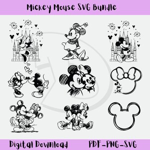 May include: Black and white Mickey Mouse SVG bundle with various designs. Includes images of Mickey and Minnie Mouse, a castle, and Mickey Mouse head outlines. Text at the bottom reads "Digital Download" and "PDF-PNG-SVG".