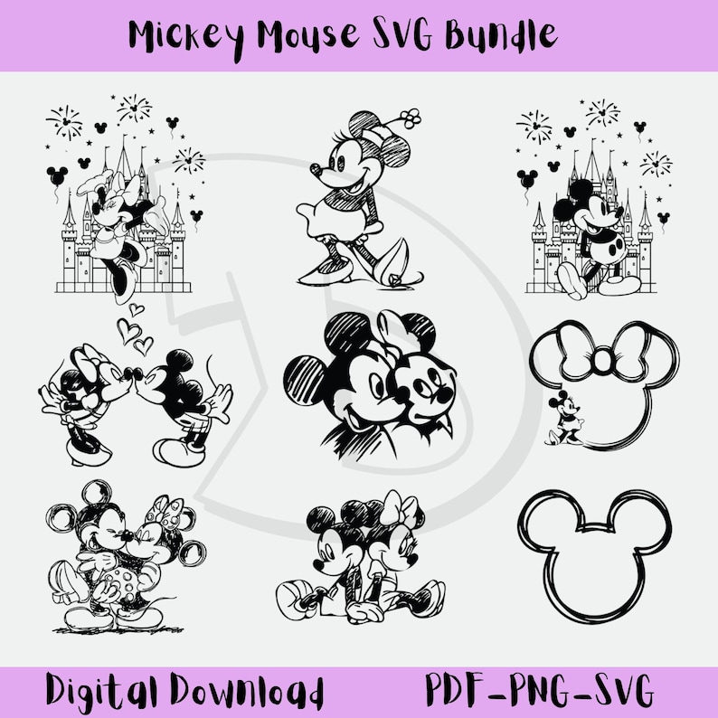 May include: Black and white Mickey Mouse SVG bundle with various designs. Includes images of Mickey and Minnie Mouse, a castle, and Mickey Mouse head outlines. Text at the bottom reads "Digital Download" and "PDF-PNG-SVG".