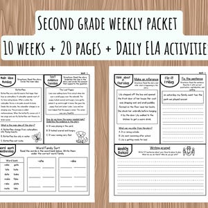 May include: A white educational packet for second grade students. The packet includes 10 weeks of lessons, 20 pages, and daily ELA activities. The text on the packet reads: SECOND GRADE WEEKLY PACKET, 10 WEEKS + 20 PAGES + DAILY ELA ACTIVITIES.