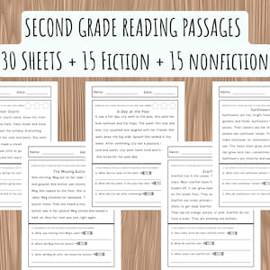 Peut inclure: Ensemble de fiches de lecture pour élèves de CE1, comprenant 30 feuilles, dont 15 fictions et 15 non-fictions. Les exercices incluent des questions de compréhension. Le titre est : "SECOND GRADE READING PASSAGES".