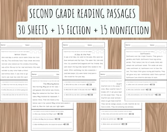 May include: A set of second-grade reading passages with 30 sheets, 15 fiction, and 15 nonfiction. The worksheets include reading comprehension exercises with questions. The text on the top reads: "SECOND GRADE READING PASSAGES".
