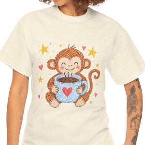 Apa Kaffeälskare T-shirt, Krita-stil Djurgrafik T-shirt