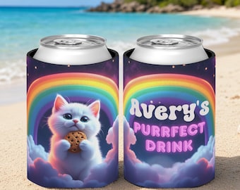 Personalized Rainbow Cat Coozie: Custom Name Can Cooler, Cat Pool Party Favors, Purrfect Drink Holder